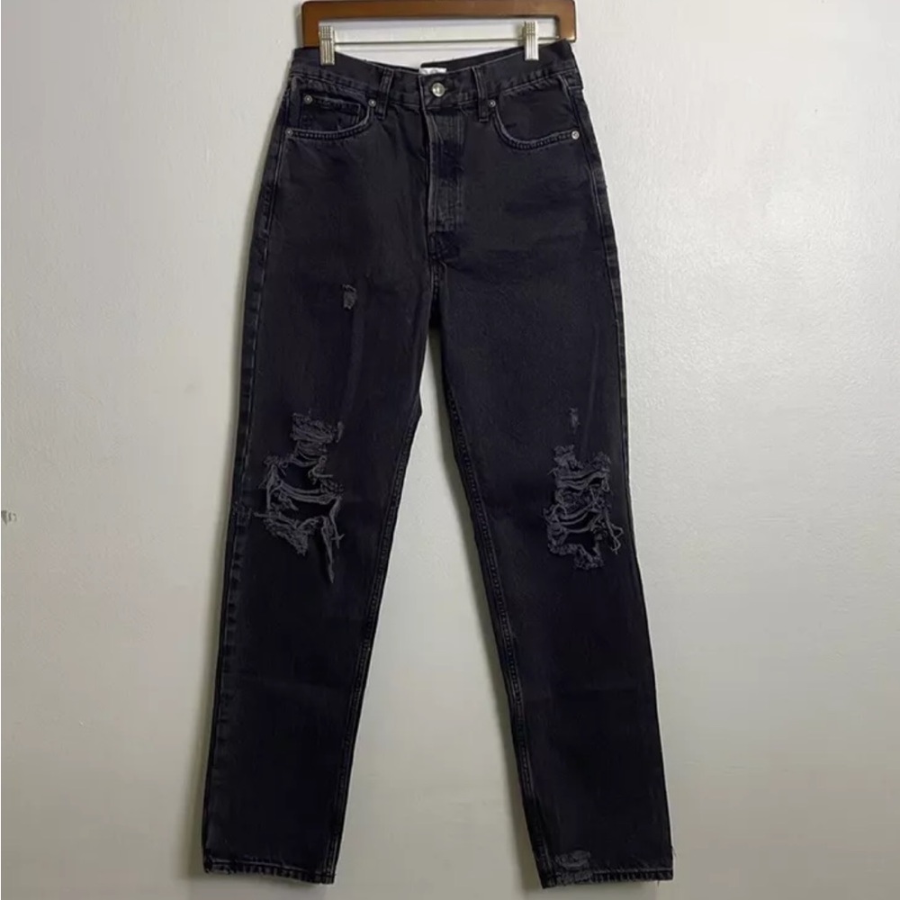 Free People We The Free High Waist Straight Leg Jeans 28 Button Fly Gray Distres
